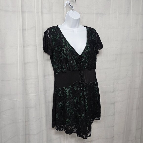 Vintage Black Green Y2k Corset Dress Lace Mini Goth Punk Whimsigoth Tunic 1X - Picture 5 of 11